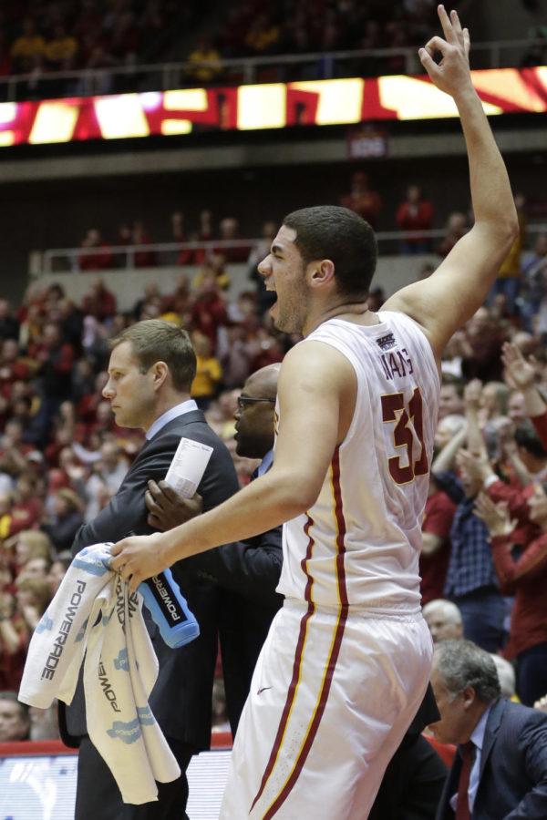 Sophomore forward Georges Niang celebrates after a Iowa State made three-point shot during Iowa States 81-75 win over Oklahoma on Feb. 1 at Hilton Coliseum. Niang lead the Cyclones in scoring with 27 points and went three for seven from behind the arc.