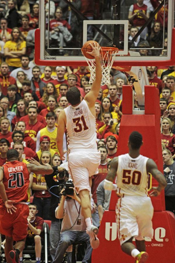Sophomore Georges Niang dunks the ball against Texas Tech on Feb. 15. Niang had 17 points for Iowa State. The No. 11 Cyclones defeated the Red Raiders 70-64.