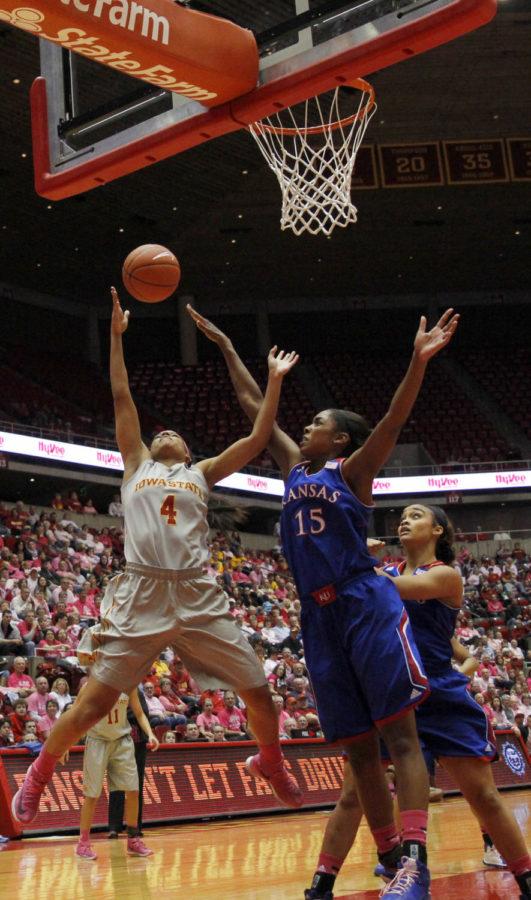 Junior guard Nikki Moody goes up for a layup against Kansas on Feb. 15 at Hilton Coliseum. Moody scored 18 points in the Cyclones 72-69 win.