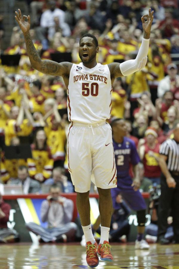 Senior guard DeAndre Kane celebrates after draining a three-point shot during Iowa States 81-75 win over Kansas State on Jan. 25 at Hilton Coliseum. Kane finished the game with 10 points, five rebounds and five assists.