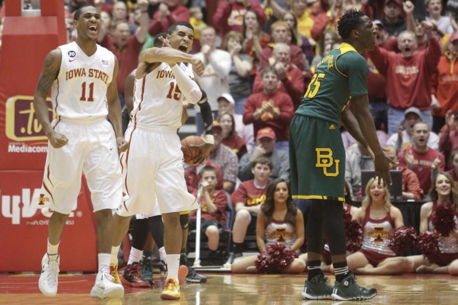 Monte Morris and Naz Long celebrate during Iowa States 87-72 win over Baylor on Jan. 7 at Hilton Coliseum.