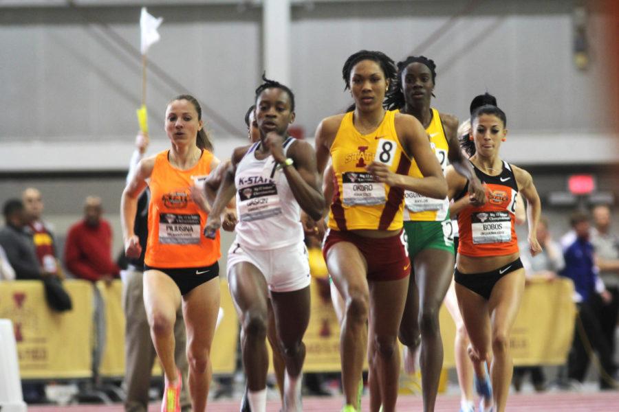Ejiro Okoro leads the way in a race during the Big 12 Track and Field Championships on Feb. 24 at Lied Recreation Center.