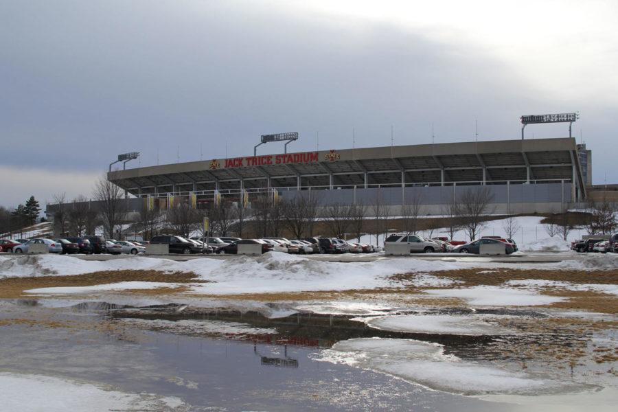 Melting snow creates large pools of standing water in lowland areas near Jack Trice Stadium on Feb. 19. The area went under several feet of water during the 2010 floods.