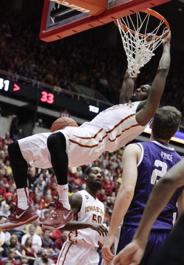 Senior forward Melvin Ejim dunks the ball versus TCU on Feb. 8 at Hilton Coliseum. The Cyclones beat the Horned frogs 84-69. Ejim set a Big-12 single game record with 48 points, and tied the NCAA Division 1 single-game mark for this season. In addition, he had a career-high 18 rebounds.