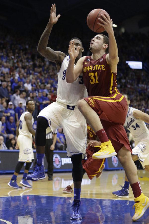 Sophomore forward Georges Niang drives into the paint for a layup during Iowa States 92-81 loss to Kansas on Jan. 29 at Allen Fieldhouse. Niang led the Cyclones in scoring with 24 points.