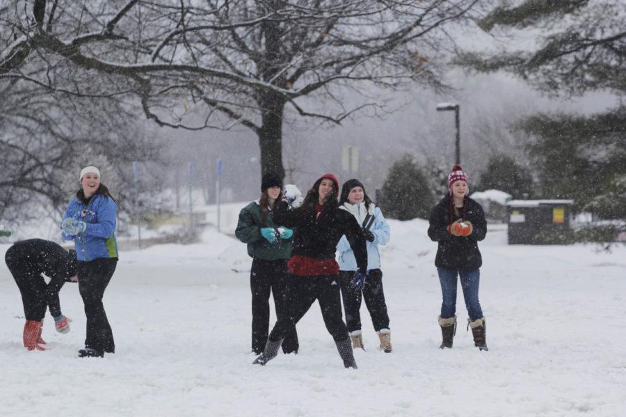 Students gathered in the courtyard of old RCA to have a snowball fight and play in the snow on Thursday, Feb. 20, after classes were canceled due to inclement weather.