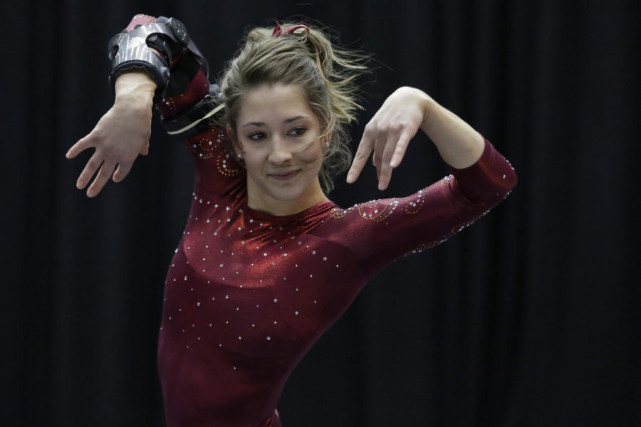Senior all around Camille Santerre - Gervais scored a 9.575 on her floor exercise routine after receiving a .10 point deduction. Iowa State lost to Minnesota by a score of 194.750 to 196.525 on Feb. 21 at Hilton Coliseum.