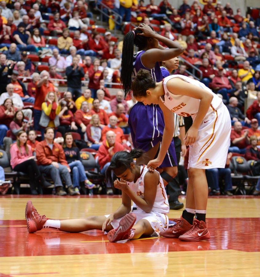 ISU freshman guard Seanna Johnson reacts to falling hard after attempting a layup during Iowa States 61-60 loss against TCU on Feb. 5 at Hilton Coliseum. 