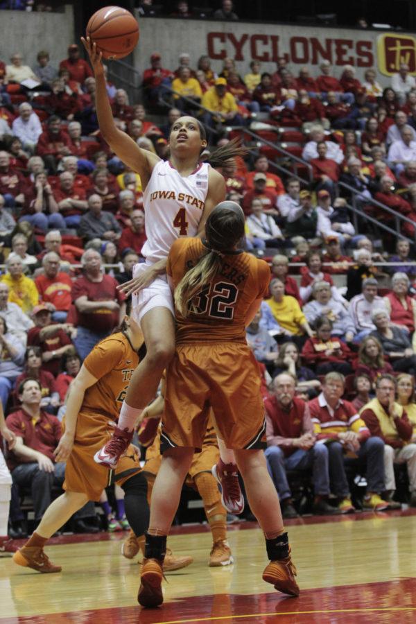 Junior+guard+Nikki+Moody+attempts+a+shot+against+Texas+on+Saturday%2C+Feb.+22.+Moody+had+13+points+for+Iowa+State.+The+Cyclones+defeated+the+Longhorns+81-64.+Iowa+State+is+now+18-8%2C+and+7-8+in+the+Big+12.