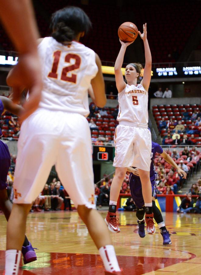 Senior forward Hallie Christofferson shoots the ball during Iowa States 61-60 loss against TCU Feb. 5 at Hilton Coliseum. She scored in double figures for the 21st time this season.