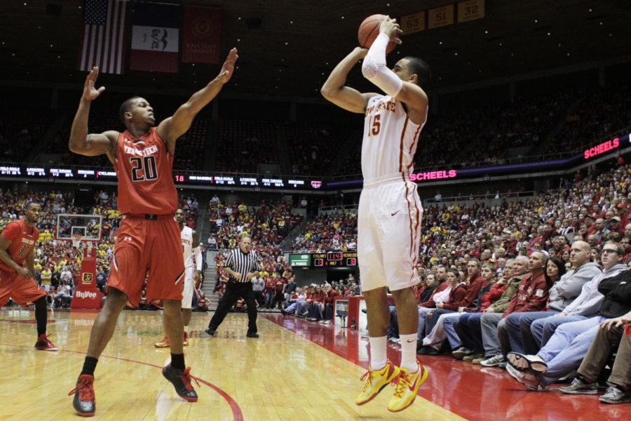 Sophomore guard Naz Long attempts a three-pointer during the game against Texas Tech on Feb. 15. Long was 4 for 7 with three-pointers and had 15 points for the Cyclones.