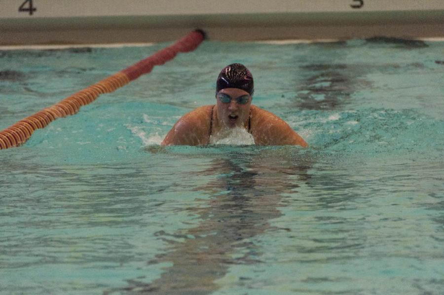 Emily Wiltsie, junior in marketing, competes in the finals for the women senior 200-yard breaststroke representing ISU swimming and diving team in the match against South Dakota State on Saturday, Oct. 20, at Beyer Hall.
