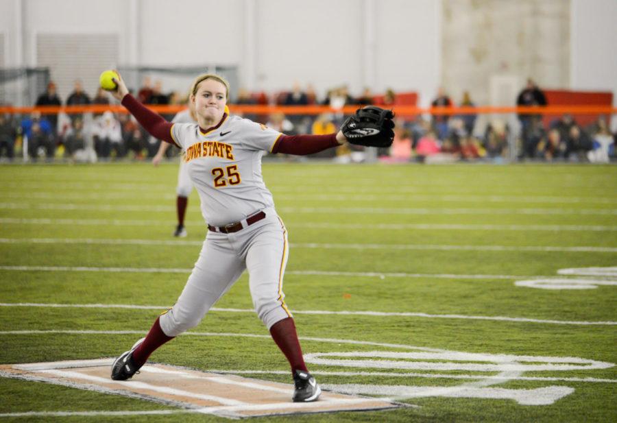 Freshman right-handed pitcher Katie Johnson is pitching during Iowa States 3-0 win over South Dakota State at Feb. 8 at Bergstrom Football Complex.