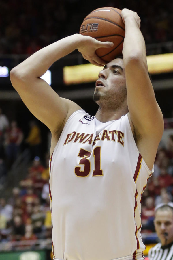 Sophomore forward Georges Niang shoots a three-point shot during Iowa State's 81-75 win over Oklahoma on Feb. 1 at Hilton Coliseum. Niang lead the team in scoring with 27 points.