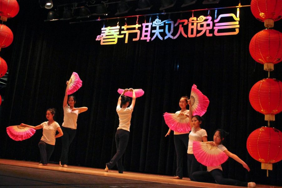 As part of the Chinese New Years celebration held in the Great Hall of the Memorial Union, members of the Chinese Student and Scholars Association preformed a cultural, dancing routine choreographed by students Jia Yin, Yue He, Zhuojia Lou, Huihui Tang and Renjie Jiang.