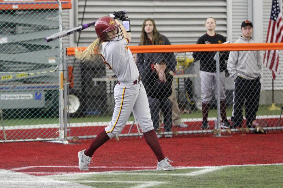 Lexi Slater takes a swing during the ISU game against Indiana State. The Cyclone softball team led the game vs. the Sycamores, with a final score of 4-3. Due to weather limitations, the game was played indoors at the Bergstrom Football Complex.