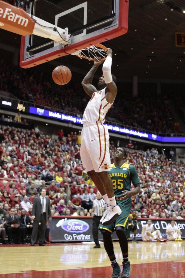Senior guard DeAndre Kane dunks the ball during Iowa States 87-72 win over Baylor on Jan. 7 at Hilton Coliseum. Kane had 30 points, nine assists, eight rebounds and five steals.