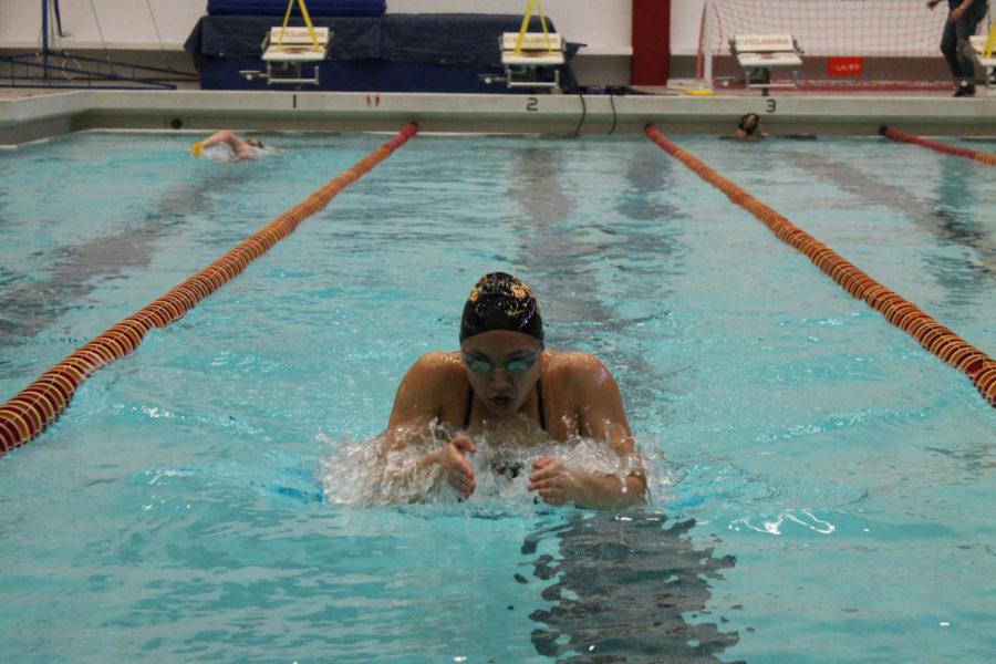 Senior Imelda Wistey practices the breaststroke in Beyer Pool on March 11. Wistey is considered the top breaststroker in ISU history. 