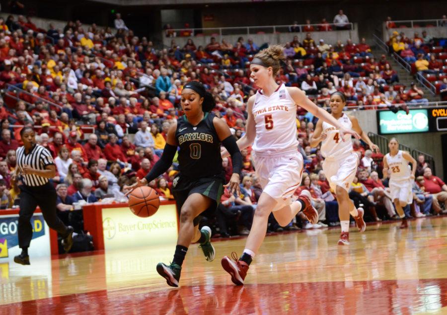 Senior+forward+Hallie+Christofferson+guards+a+Baylor+player+on+her+way+to+the+hoop+on+March+3+at+Hilton+Coliseum.+The+Cyclones+lost+to+the+Lady+Bears+70-54.+Christofferson+had+14+points+and+three+rebounds+in+her+final+regular+season+game.