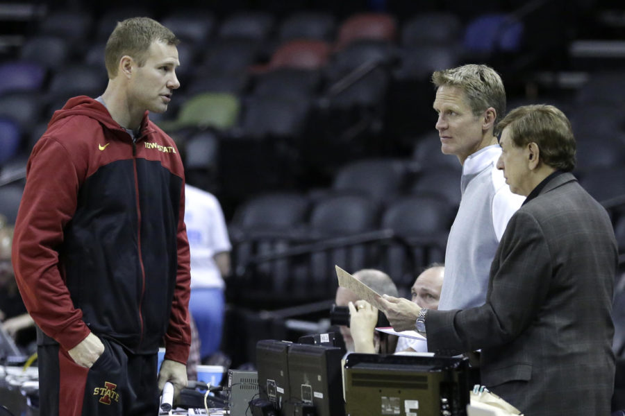 Men's head basketball coach Fred Hoiberg, left, talks with former NBA player turn analyst Steve Kerr, in white, during Iowa State's open practice. The Iowa State men's basketball team had an open practice Thursday, March 20 at the AT&amp;T Center in San Antonio, Texas. 