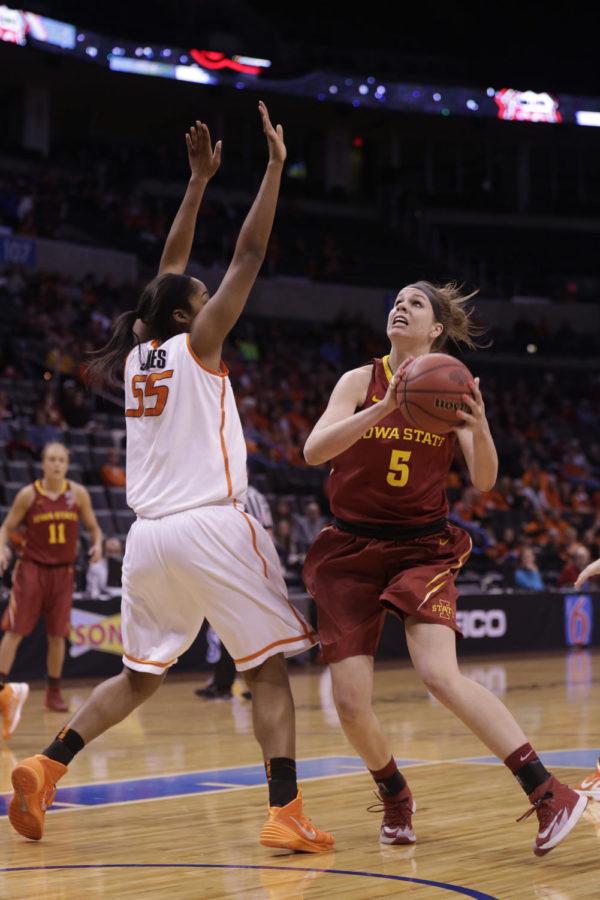 Senior forward Hallie Christofferson drives towards the basket during Iowa States 67-57 loss to the Oklahoma State Cowgirls on Mar. 8 at the Chesapeake Energy Arena in Oklahoma City, OK.