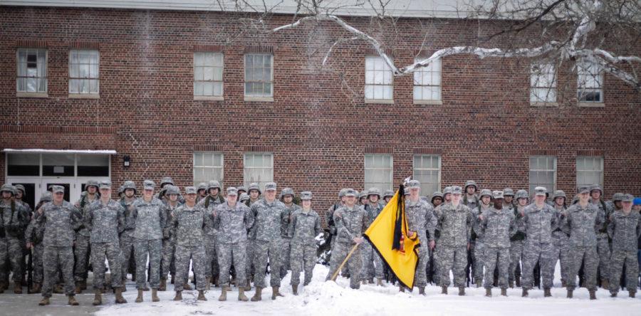 Iowa States Army ROTC won the MacArthur award for the third time in a row this year and stands in formation outside the Iowa State Armory on March 5, 2014. The MacArthur award is only awarded to eight schools out of the entire country. 