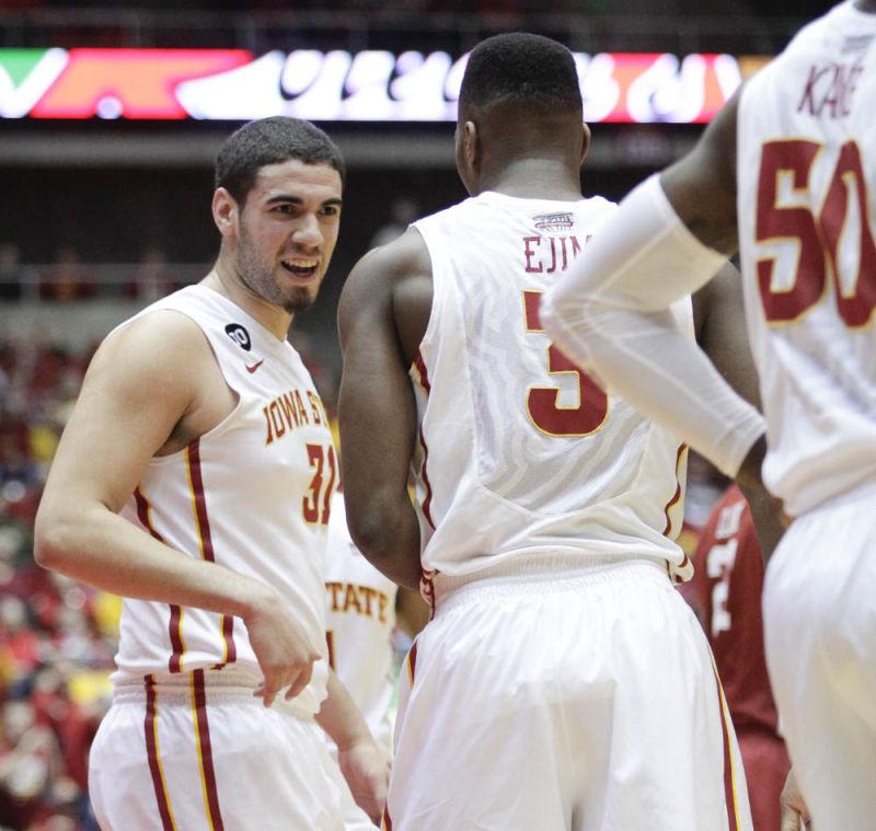 Sophomore+Georges+Niang+talks+to+Senior+Melvin+Ejim+during+a+timeout+versus+No.+23+Oklahoma+on+Feb.+1+at+Hilton+Coliseum.+The+duo+had+a+combined+49+of+Iowa+States+81+points.+The+Cyclones+beat+the+Sooners+81-75.
