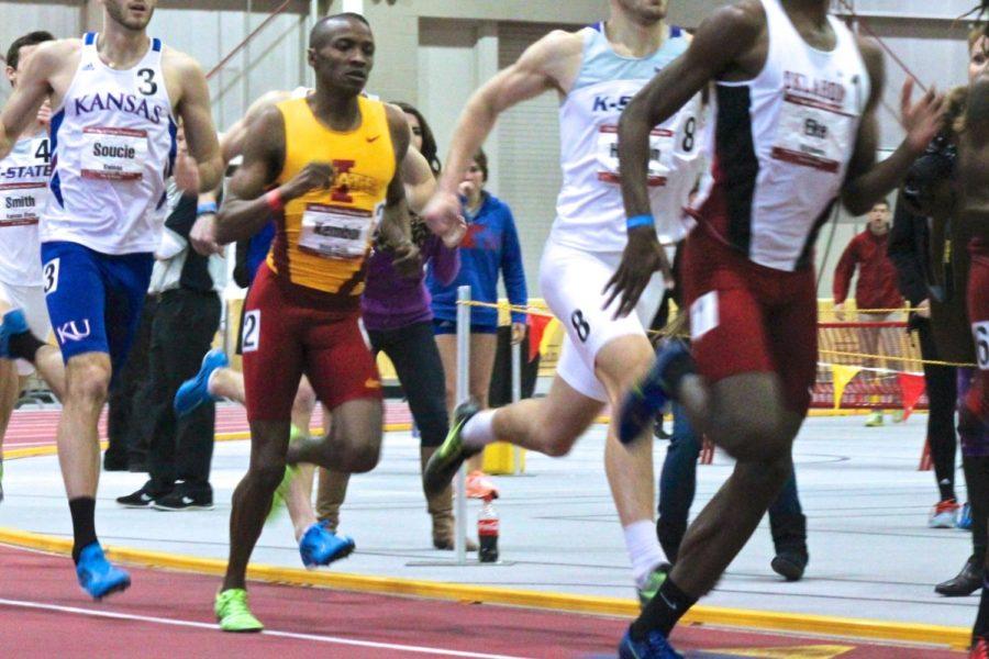 Senior Edward Kemboi fights his way through the pack during the mens 800-meter run at the 2014 Big 12 Indoor Championship. Kemboi passed two runners in the final 150 meters and ended up taking first. He also took a title in the 1,000-meter race.