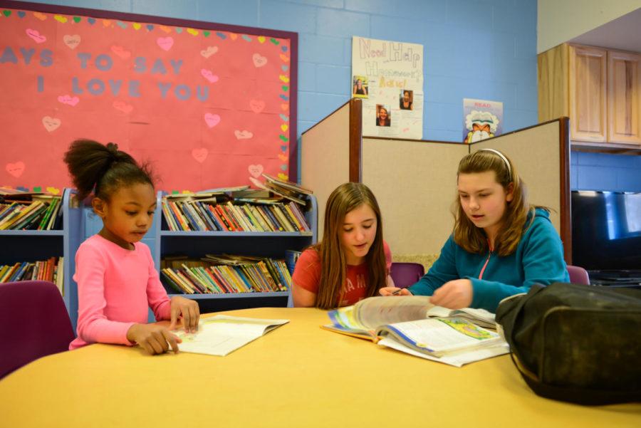 Jailah, Haley and Emily studying the Learning Center on March 24 at Boys & Girls Club of Story County as part of the Optimist Club.  Iowa State University’s branch of Optimist is the largest start-up Optimist Club in the nation this year.