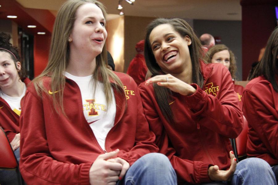 Senior forward Hallie Christofferson, left, and junior guard Nikki Moody wait for the announcement of the 2014 NCAA tournament bracket. The Cyclones earned a No. 7 seed and will take on No. 10 seed Florida State on Saturday, March 22 at Hilton Coliseum.