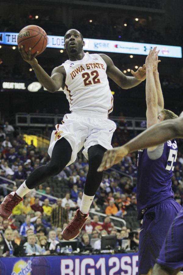 Junior forward Dustin Hogue shoots against Kansas State during the Big 12 Championship tournament in Kansas City on Thursday, March 13. The Cyclones defeated the Wildcats 91-85. Hogue had 19 points for Iowa State.