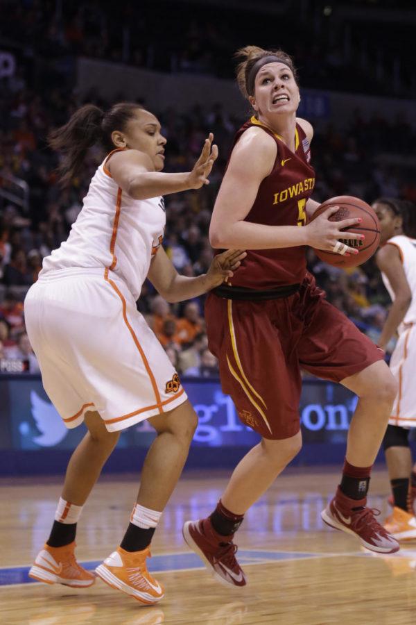 Senior forward Hallie Christofferson drives into the paint during Iowa States 67-57 loss to the Oklahoma State Cowgirls on March 8 at the Chesapeake Energy Arena in Oklahoma City, Okla. Christofferson had a double double in the game with 21 points and 11 boards.