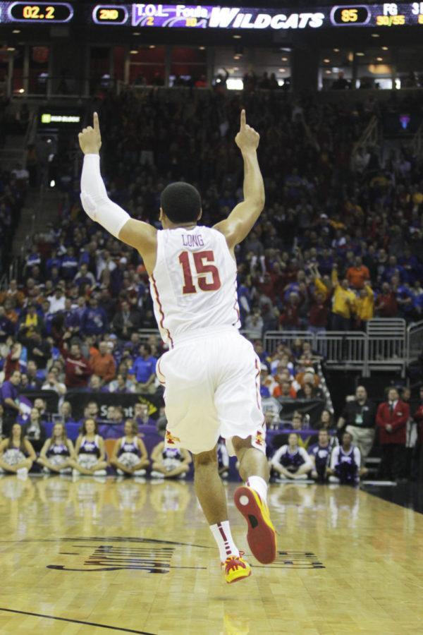 Sophomore guard Naz Long celebrates a shot against Kansas State during the Big 12 Championships in Kansas City March 13, 2014. The Cyclones defeated the Wildcats 91-85. Long scored 14 points for Iowa State.