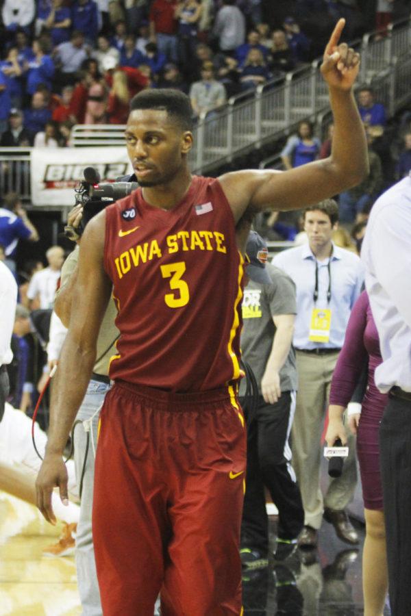 Then-senior forward Melvin Ejim walks off the court after the win against Kansas in the Big 12 Championship semifinals March 14, 2014, at the Sprint Center in Kansas City, Mo. The Cyclones defeated the Jayhawks 94-83, advancing to the final round for the first time since 2000.