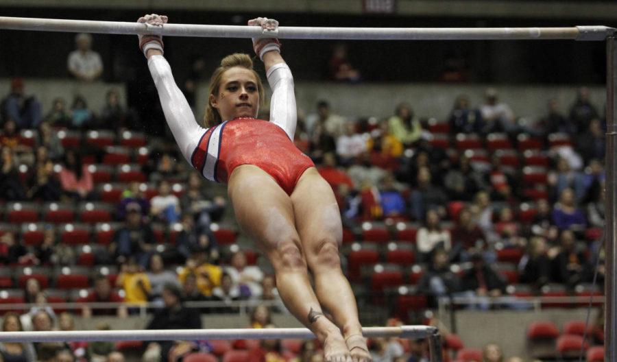 Junior+Caitlin+Brown+competes+in+the+bars+on+March+7+at+Hilton+Coliseum.+Brown+received+a+9.825+for+her+bars+in+the+Cyclones+195.925-192.775+victory+against+Iowa.
