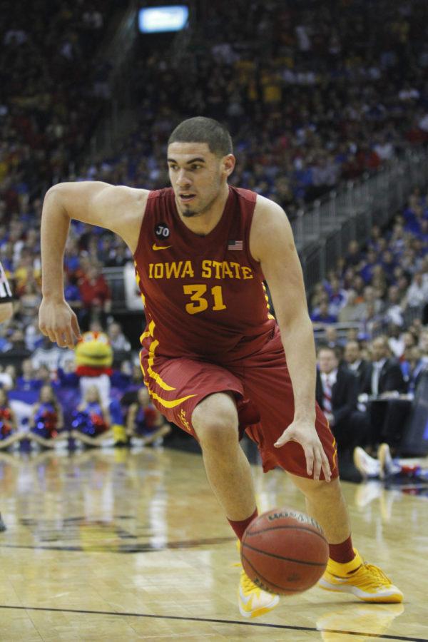 Sophomore forward Georges Niang drives the ball down the court in the second half against Kansas in the Big 12 Championship semifinals March 14 at the Sprint Center in Kansas City, Mo. The Cyclones defeated the Jayhawks 94-83, advancing to the final round for the first time since 2000.