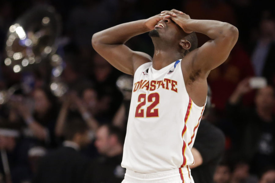 Junior forward and New York-native Dustin Hogue reacts after the final whistle in Iowa States 81-76 loss to Connecticut on March 28 at Madison Square Garden in New York City.