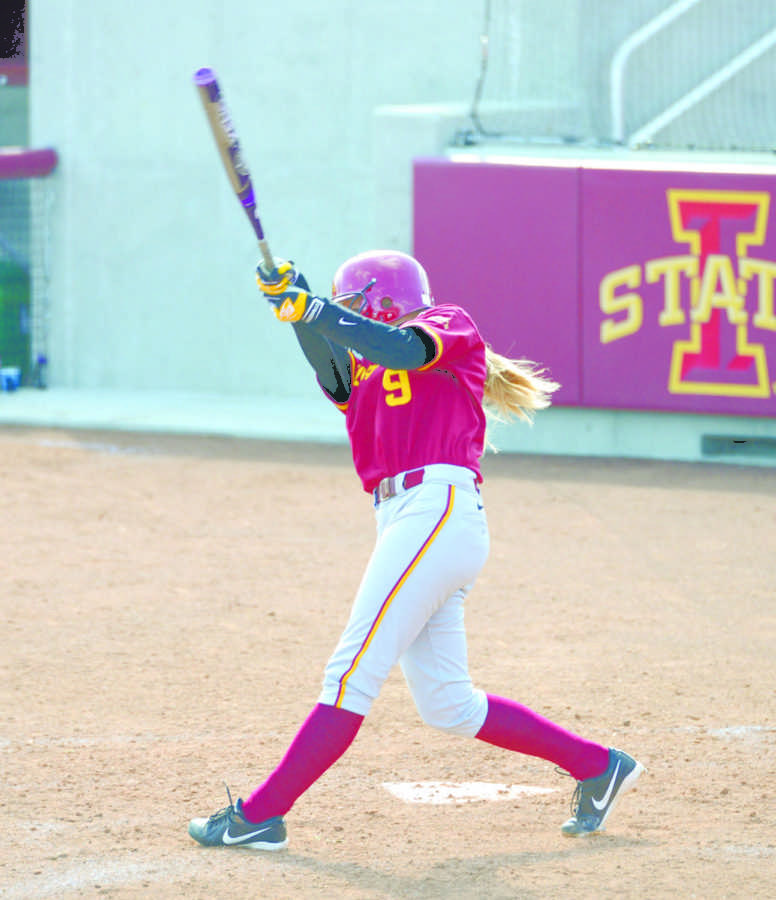 Junior infielder Lexi Slater hits the ball during Iowa States game against Northern Illinois on March 23 at the Cyclone Sports Complex.
