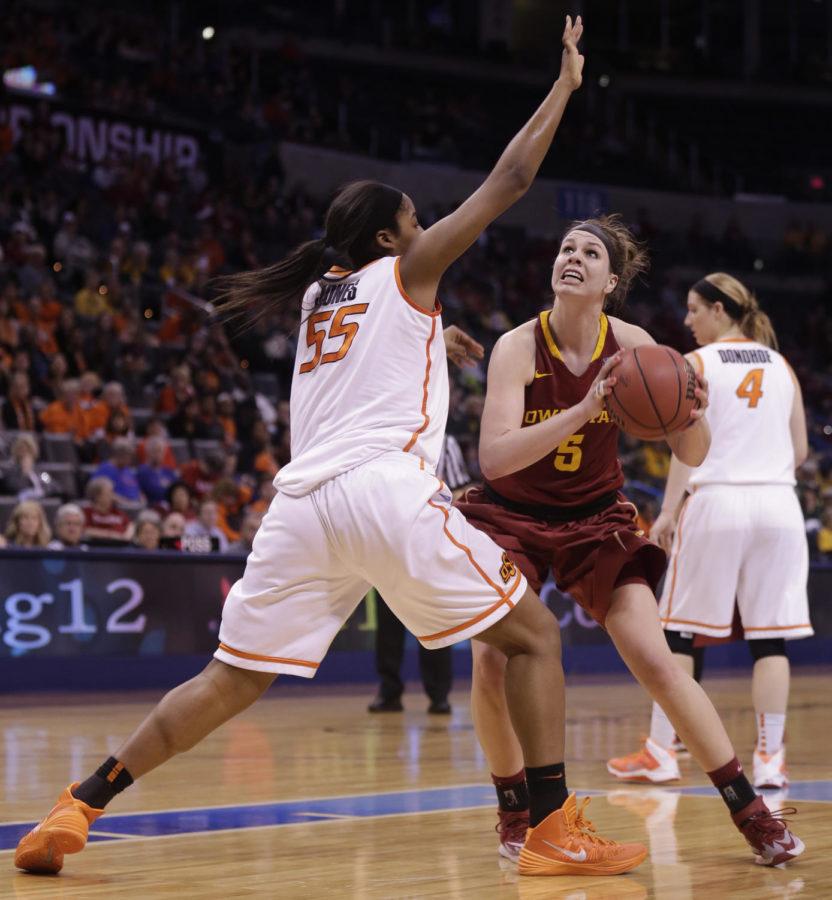Senior forward Hallie Christofferson drives into the paint during Iowa States 67-57 loss to the Oklahoma State Cowgirls on Mar. 8 at the Chesapeake Energy Arena in Oklahoma City, Okla. Christofferson had a double double in the game with 21 points and 11 boards.