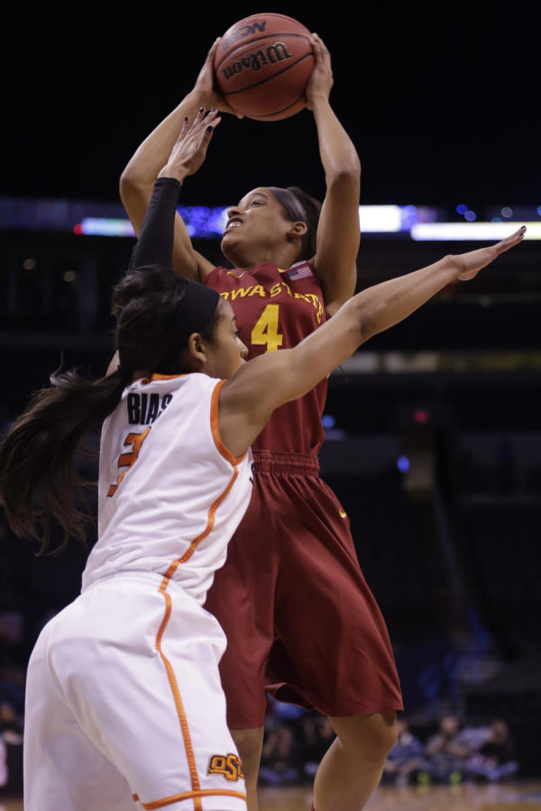Junior guard Nikki MoodyCQ attempts a jump shot during Iowa States 67-57 loss to the Oklahoma State Cowgirls on March 8 at the Chesapeake Energy Arena in Oklahoma City, Okla. 