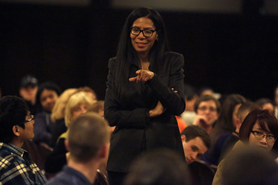 Judy Smith, crisis manager and real life inspiration for the character Olivia Pope in the television show Scandal, answers questions from the crowd during her lecture about her life experiences and the show on March 10 in the Great Hall.