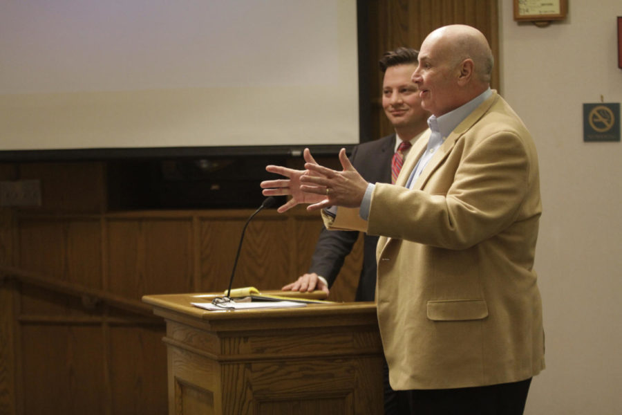 Developers Korb Maxwell and Rick Worner talked about a proposed development on Southeast 16th Street during a city council meeting on March 4. The proposed development would include dinosaur museum and camp, a new Menards store, new restaurant and new hotel.