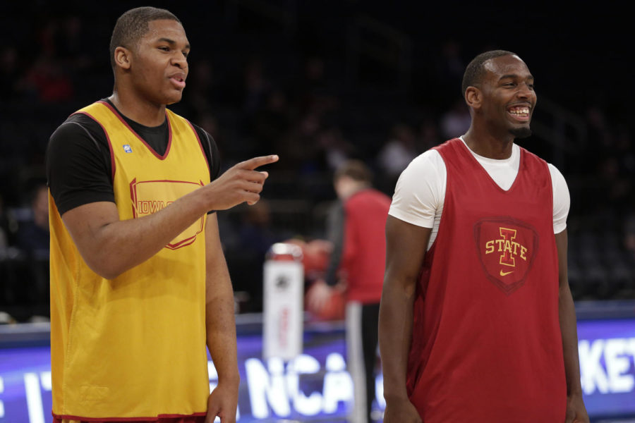 Junior Percy Gibson and junior Dustin Hogue share a smile during the Cyclones open practice on March 27 at Madison Square Garden in New York City.