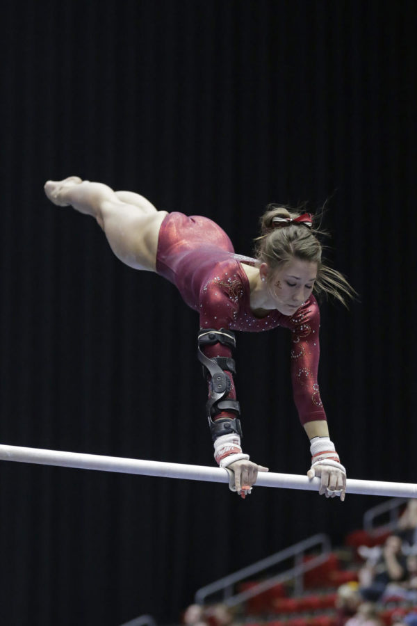 Senior all around Camille Santerre - Gervais received a score of 9.925 for her uneven bars routine. Iowa State lost to Minnesota by a score of 194.750 to 196.525 on Feb. 21 at Hilton Coliseum.