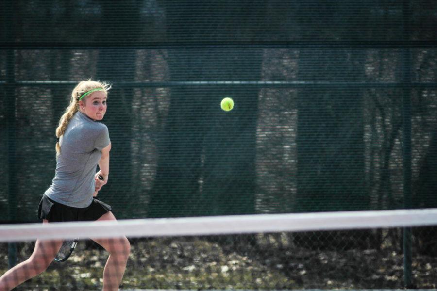 Freshman Talisa Merchiers returns a serve in game two of the second set of her singles womens match against Texas Tech at the Cyclones tennis meet on March 30. 