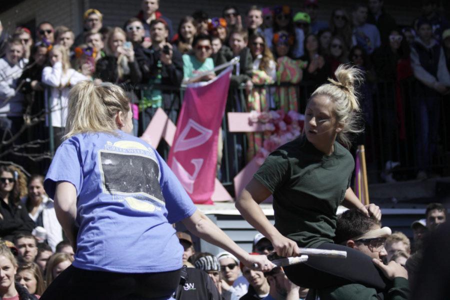 Kaci Kisner competes in the egg jousting competition for Greek Week. Kisner was representing the Pi Beta Phi, Alpha Sigma Kappa, Phi Delta Theta and Acacia pairing for the event.
