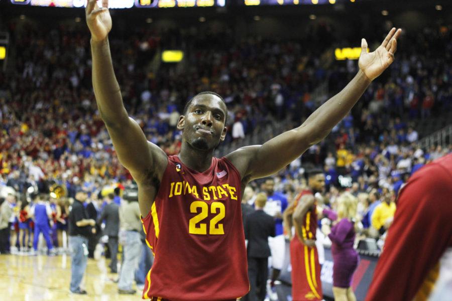 Junior forward Dustin Hogue celebrates the win against Kansas in the Big 12 Championship semifinals March 14 at the Sprint Center in Kansas City, Mo. The Cyclones defeated the Jayhawks 94-83, advancing to the final round for the first time since 2000.
