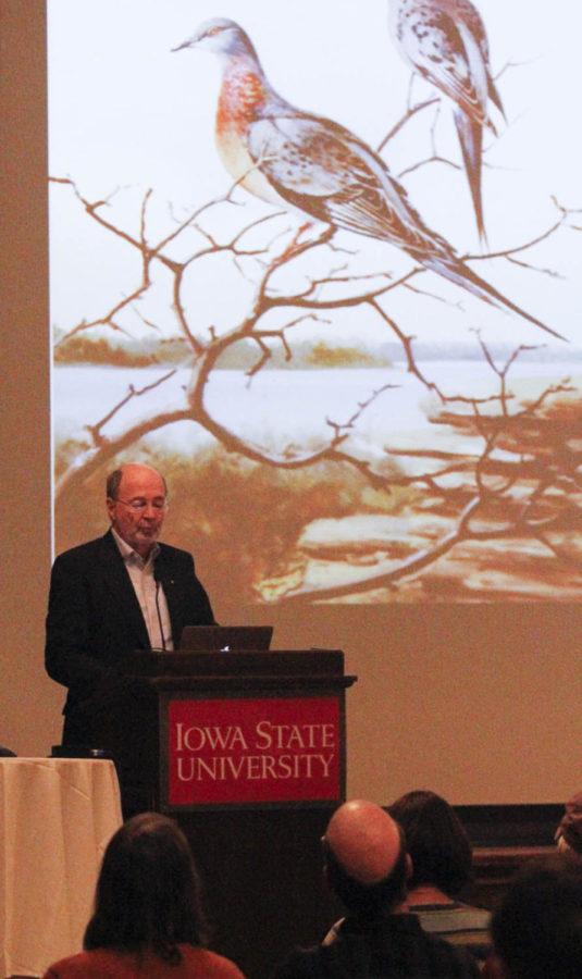 Professor Stanley Temple from the University of Wisconsin-Madison speaks about the history of the passenger pigeon and their extinction during a lecture in the Great Hall of the Memorial Union on March 6. 