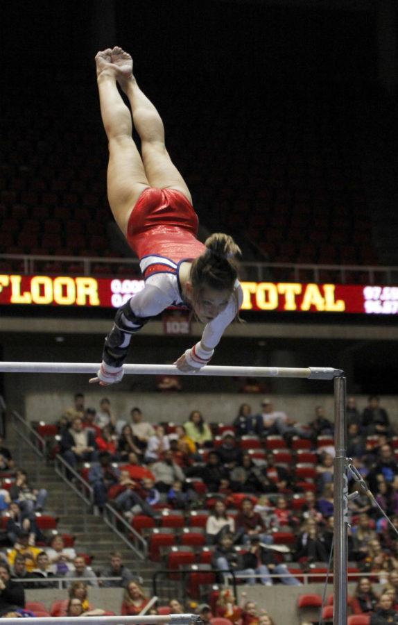 Senior Camille Santerre-Gervais competes in the bars on March 7 at Hilton Coliseum. Santerre-Gervais received a 9.95 for her bars in the Cyclones 195.925-192.775 victory against Iowa.