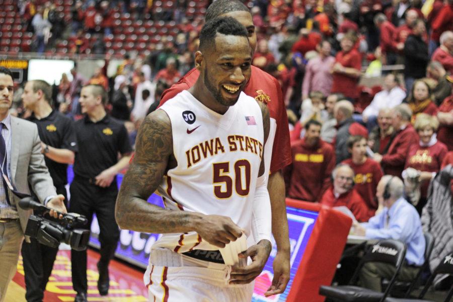 Senior DeAndre Kane is all smiles after Iowa State defeated West Virginia on Wednesday, Feb. 26, 2014. The No. 15 Cyclones defeated the Mountaineers 83-66. The first time ISU and WVU met in the season, West Virginia won 102-77.